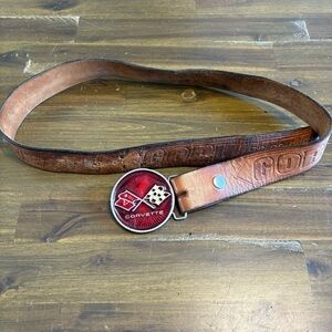 Vintage Corvette Logo Buckle Leather Belt Embossed Cars Edgy Flag
